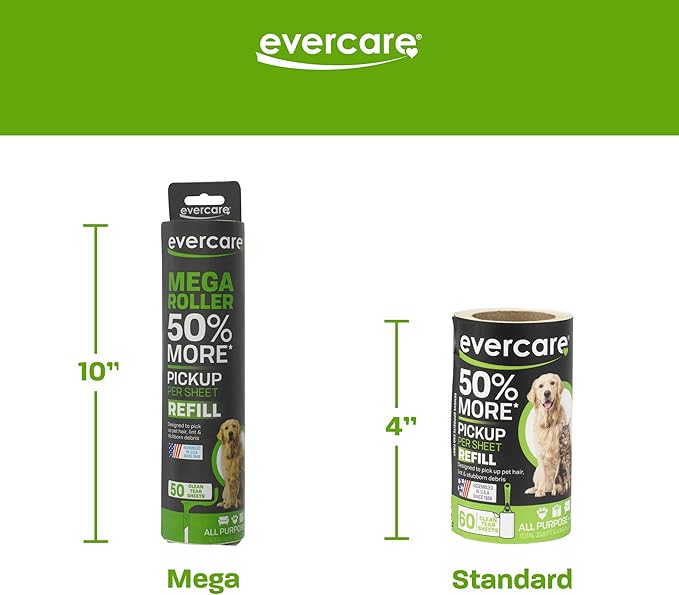 Evercare Ultra Sticky Pet Mega Lint Roller Value Pack, Manual Clothes & Furniture Cleaner with Handle and 2 Refills, 50 Sheets Each
