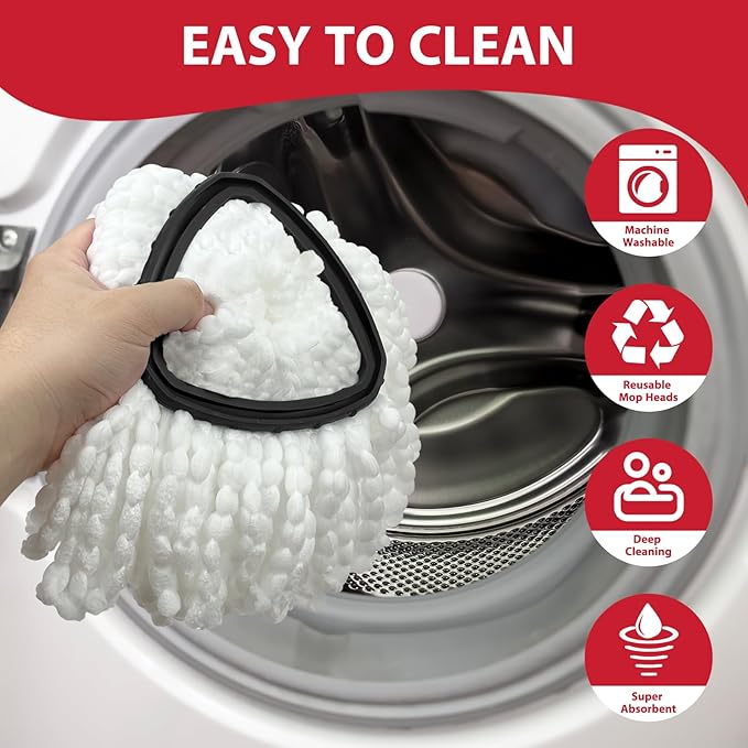 Spin Mop Replacement Set for O-Ceda EasyWring 1-Tank System, Includes 2 Mop Head Replacement, 1 Spin Base, 1 Scrubber Head, 1 Mop Handle (30-58in Adjustable 4-Section Pole)