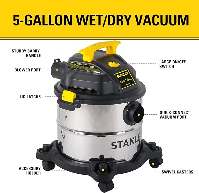 STANLEY Wet/Dry Vacuum SL18115, Stainless Steel Tank, 5 Gallon 4HP Shop Vacuum, Portable Style Ideal for Home/Shop/Jobsite Dust Collection Job with Vacuum Attachments, Silver+Yellow