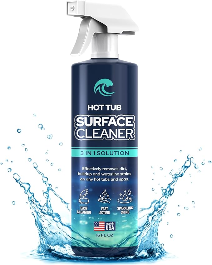 Hot Tub Surface Cleaner – Fast Acting Formula, Easy Spray & Wipe Use, For Acrylic, Vinyl, Fiberglass, Inflatable, Swim Spa & Jet Tubs, Removes Dirt, Grime & Waterline Residue – Made in USA, 16 oz