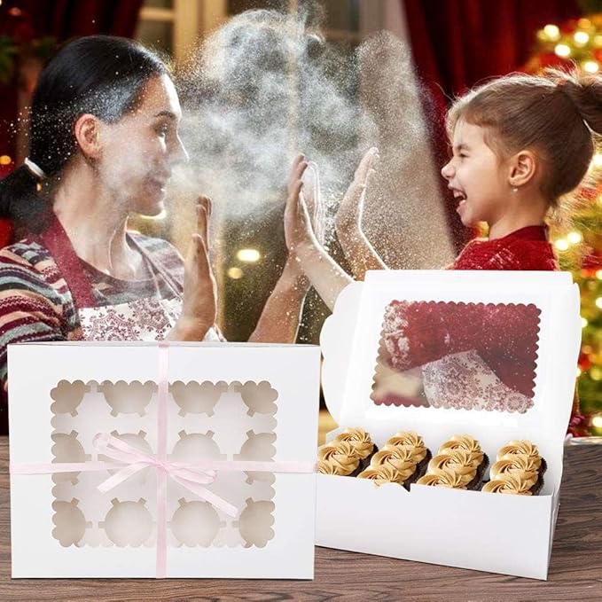 Rarapop 25 Pack Cupcake Boxes Hold 12 Standard Cupcakes, Food Grade Cupcake Holders Bakery Carrier Boxes with Windows and Inserts for Cupcakes, Muffins and Pastries