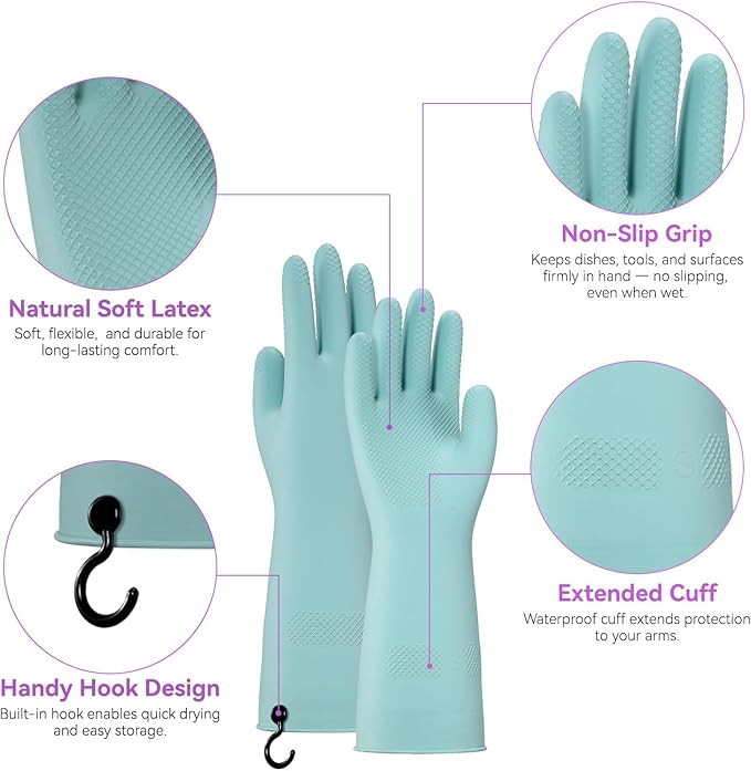 Dishwashing Rubber Gloves for Cleaning – 4 Pairs Kitchen Gloves with Handing Hooks Washing Dishes Household Glove - Small