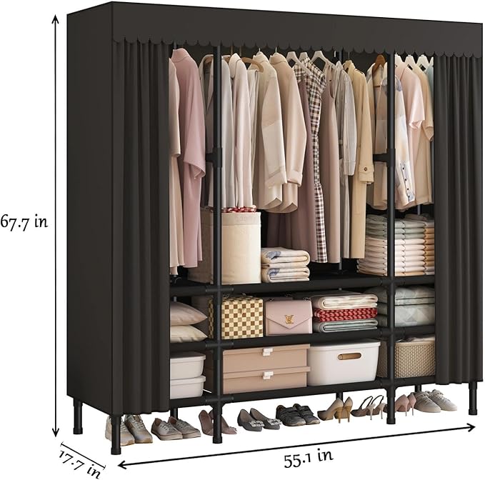 Portable Closet,Garment Rack,Heavy Duty Clothes Rack with Cover,Wardrobe Closet with 3 Hanging Rods, 9 Storage Shelves,55.1" L x 17.7" W x 67.7" H,Black