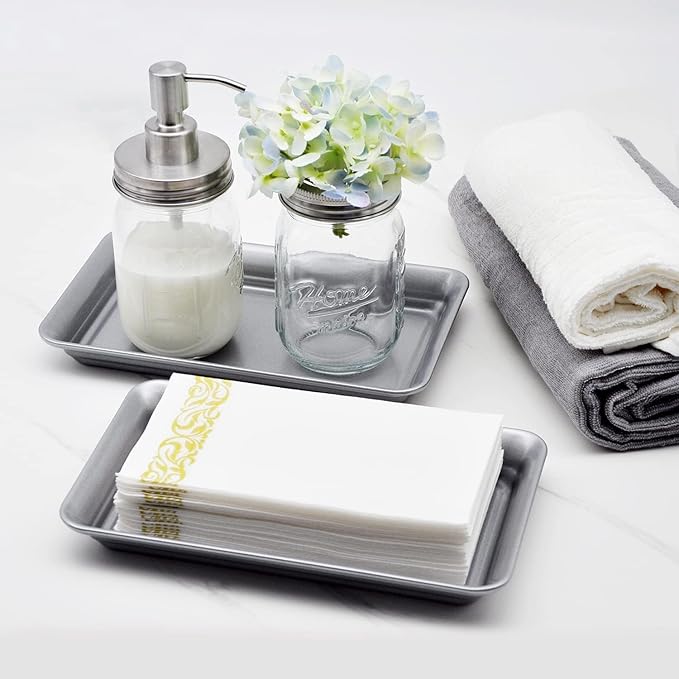 Vintage Farmhouse Decor Metal Vanity Tray (1 Pack),Countertop Guest Hand Towel Storage Organizer Tray Dispenser, Sturdy Holder for Perfume, Cosmetics, Jewelry, Makeup Bathroom Organizer (Silver)