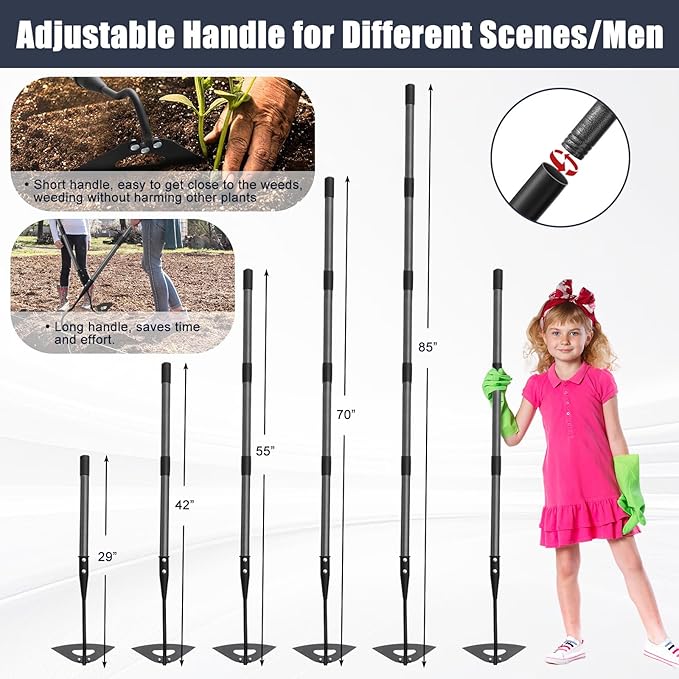 Hoe Garden Tool, Hollow Hoe with 55-85 Inch Long Handle, Adjustable Manual Weeder Heavy Duty Garden Hoe for Weeding, Digging, Hoeing, Cutting and Loosing Soil