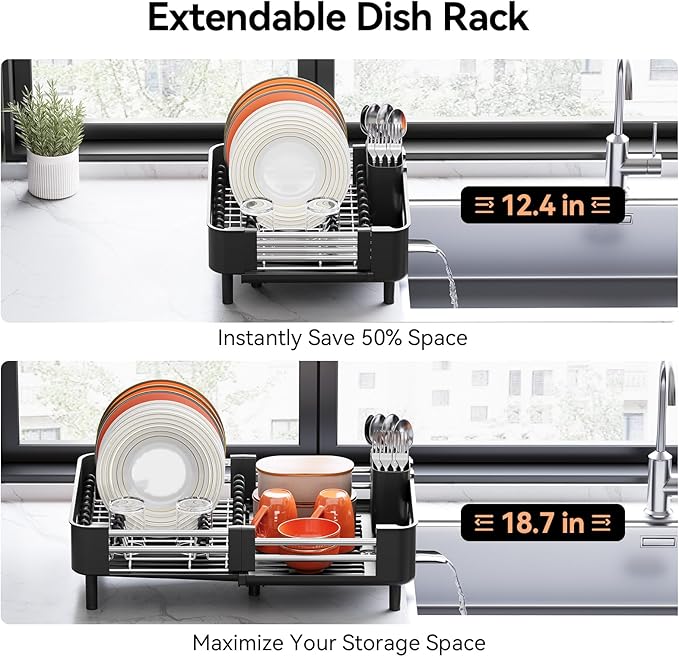 Urackify Stainless Steel Dish Drying Rack - Dish Drainer for Kitchen Counter, Extendable Drainboard with Foldable, Space-Saving Cup & Bowl Organizer, Includes Knife and Utensil Holder, Black