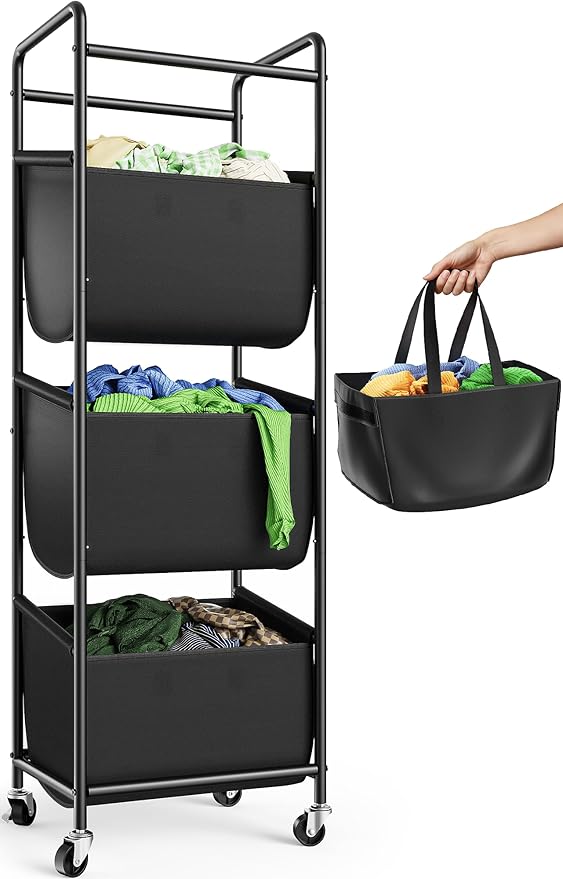 Moforoco Vertical Laundry Sorter 3 Section with Removable Bag, Laundry Hamper with Wheels, 120 L Rolling Laundry Baskets organizer for Bathroom, Apartment, Dorm Room, Black