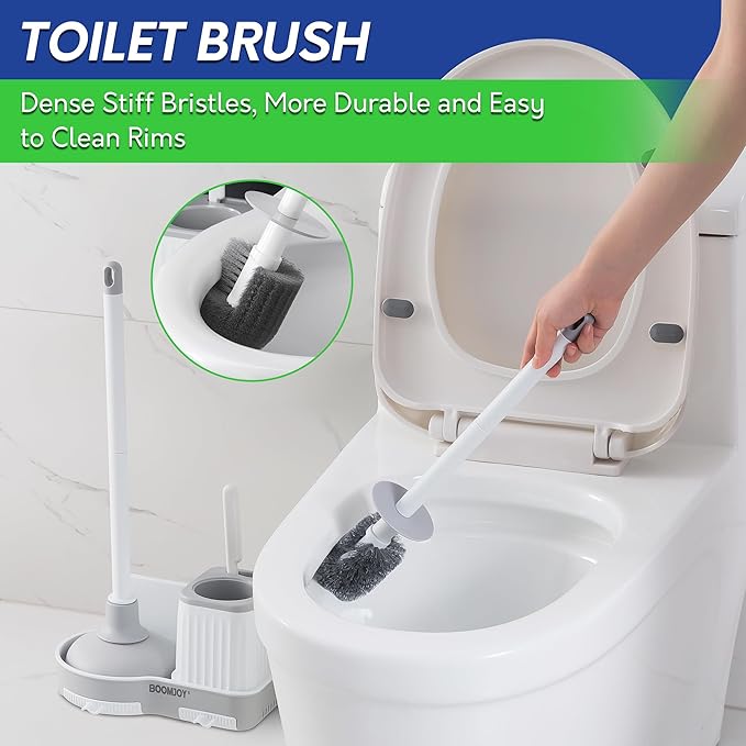 BOOMJOY Toilet Brush and Plunger Set with Crevice Cleaning Brush, White Plunger and Brush Combo with Hidden Holder, Bathroom Plunger and Toilet Bowl Brush Set Heavy Duty