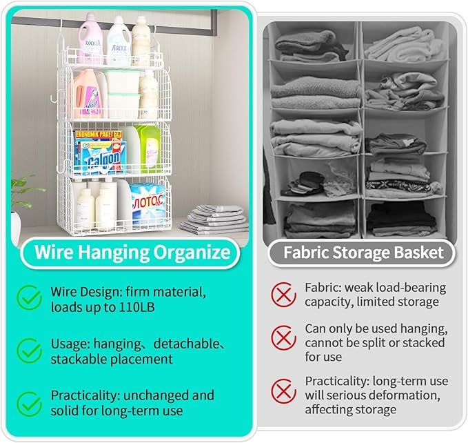 HapiRm Hanging Closet Organizer Storage - 3 Tier Metal Stackable Hanging Closet Shelves with Dividers and S Hooks, Foldable Clothes Shelves for Clothes, Pants, Shoes, Coat, Hats Clutches Accessories