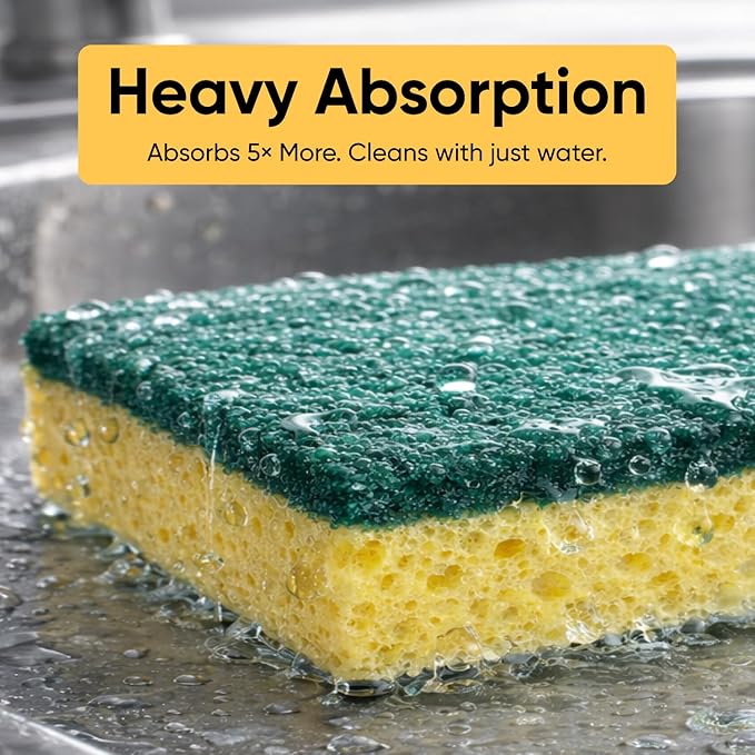 Scrubee Heavy Duty Scrub Sponge with Scouring Pad, Kitchen Dishwashing, Sink, Pot and Frying Pan Cellulose Scrubber Sponge Non Scratch 6"