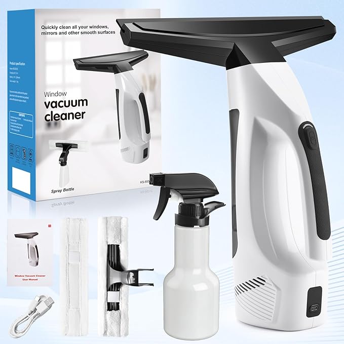 Window Vacuum Squeegee Cordless, Handheld Window Vac with Multi-Purpose Spray Bottle & Microfiber Cloth, Electric Cleaning Tool for Windows, Tiles, Mirror, Countertop, Car Windshield