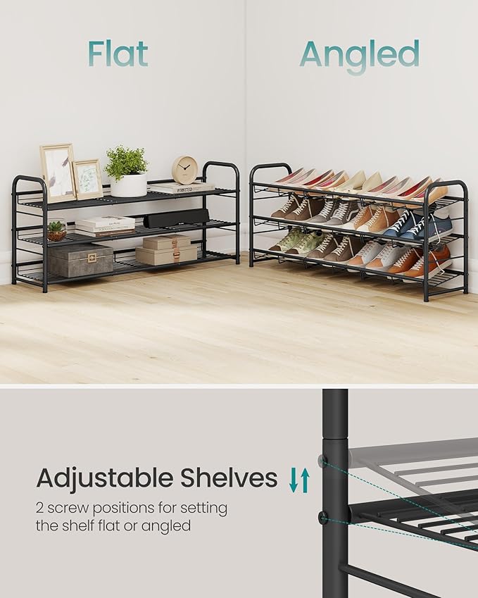 SONGMICS Stackable Shoe Rack, 3 Tier Metal Shoes Rack Storage Shelf, Holds up to 15 Pairs, Adjustable Slanted Shelves Tower Organizer for Closet Entryway Small Spaces, Black ULMR106BD01