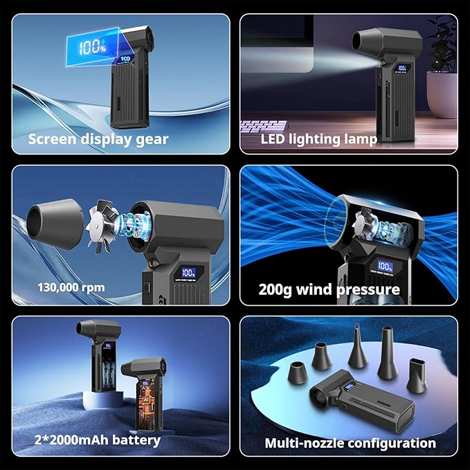 Compressed Air Duster-110000RPM Super Power Electric Air Duster, 3-Speed Adjustable Rechargeable Cordless Air Blower with Fast Charging for PC Keyboard Cleaning, Car, Home,Outdoor，5 Nozzle