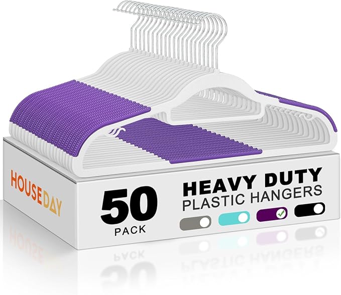 HOUSE DAY Plastic Hangers 50 Pack, Clothes Hangers Non Slip with Rubber Grip, Heavy Duty Plastic Hanger with 360º Swivel Hook, Ultra Thin Hanger Space Saving for Closet - Purple