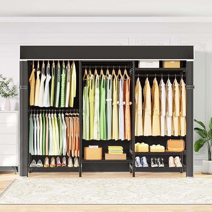 Ulif E13C Heavy Duty Closet Organizer System，Freestanding Clothing Racks for Hanging Clothes，Adjustable Garment Rack 63" W x 16" D x 77" H Hold 960 lbs，Black Clothing Rack with Black Dustproof Cover