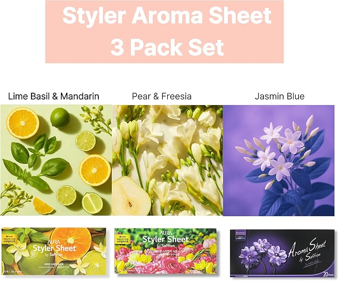 Pear & Freesia, Lime Basil & Mandarin, and Jasmin Blue 20 x 3 Pack - Long-Lasting Dryer Sheet Scent for Clothing Styler - Deodorizing & Refreshing Fragrance - Easy Use Styler Fabric Softener Sheets