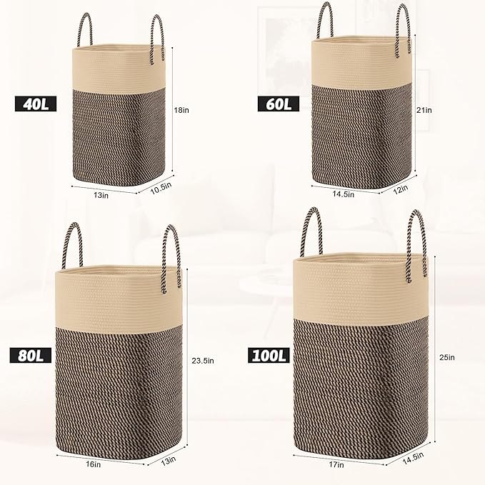 Laundry Basket,Woven Cotton Rope Laundry Hamper,Versatile Storage for Dirty Clothes,Baby Toys,and Blankets in Bathroom, Nursery,and Living Room (Jute, 40L)