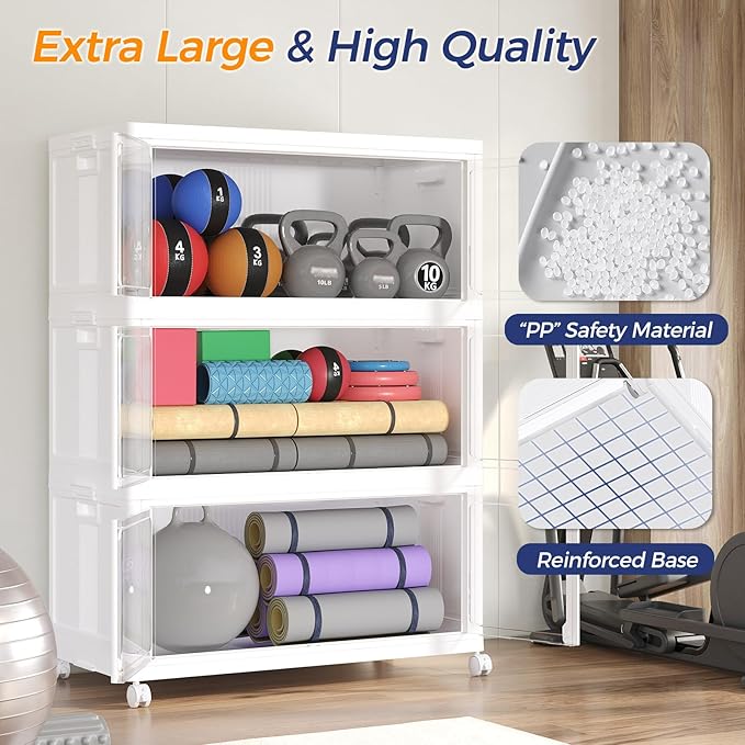 600Qt Stackable Storage Bins with Lid and Wheels, 150Gal Plastic Closet Organizer and Storage Drawer, Large Collapsible Storage Box Cabinet with Clear Door for Home Kitchen Office, 5Pack White