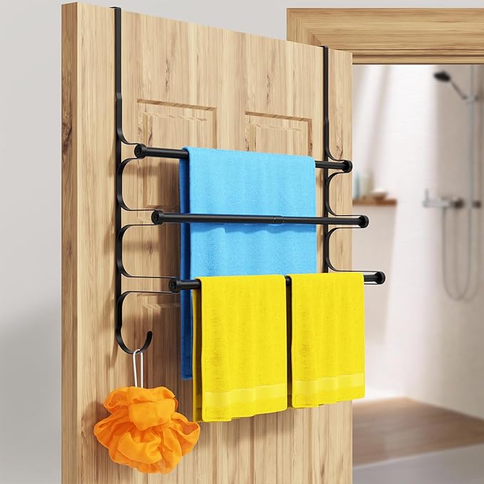 CANYAVE Over The Door Towel Rack, Extendable Triple Towel Storage Holder with Hooks, 24.02 Inches Towel Bar Hanger Towel Racks for Bathroom (Black)