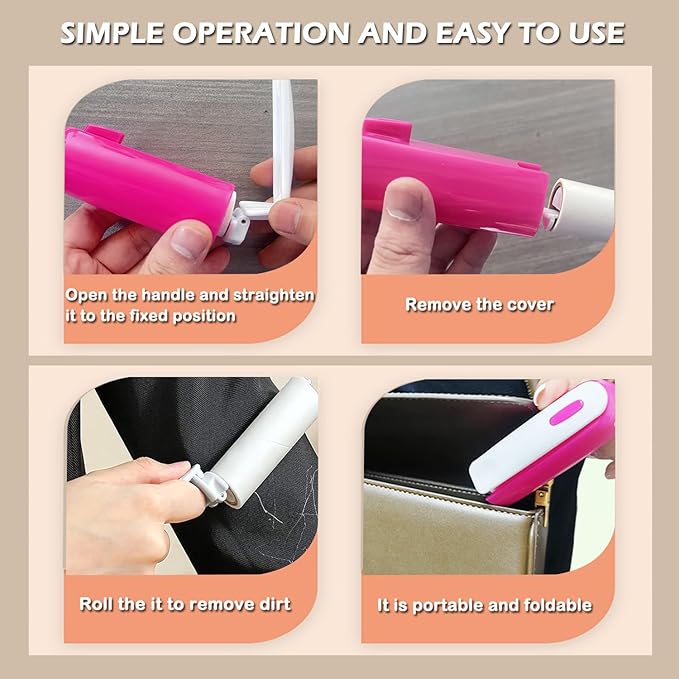 Mini Lint Roller Travel Size, Reusable Portable Lint Roller for Clothes, Travel Essentials with 150 Sheets Refillable, Sticky Small Pet Hair Remover for Purse Bag Car (Rose)