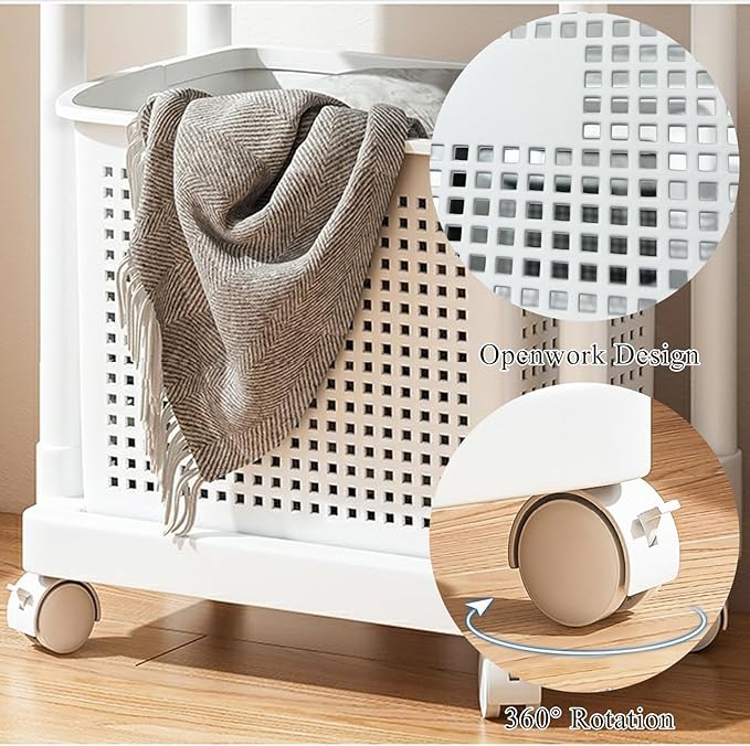 Layered Storage Laundry Basket, Hollow Rectangular Clothes Storage Rack with Wheels,Freestanding Clothes Hamper for Kitchen Bathroom Bedroom Laundry Room(47x79cm(18.5x31.1in), White)