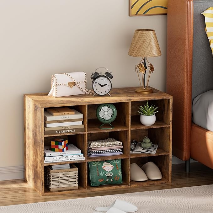 Garden 4 you Shoe Storage Bench, Cubby Shoe Rack with 9 Cubbies, 3-Tier Wood Shoe Rack Organizer, Shoe Organizer Cabinet for Entryway, Hallway, Closet and Garage, Brown