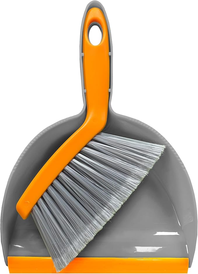 Mini Broom with Dustpan Combo Set Small Dust pan and Brush Set Quick Cleanup Debris Dust for Floor Countertop Worktop Desk Pet Cage (Grey+Orange)