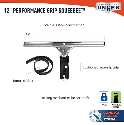 Unger Professional Connect and Clean 12” Performance Squeegee for Glass and Window Care with Replacement Rubber, Heavy Duty Cleaning Supplies with Streak-Free Results, Handheld Household Cleaner Tool