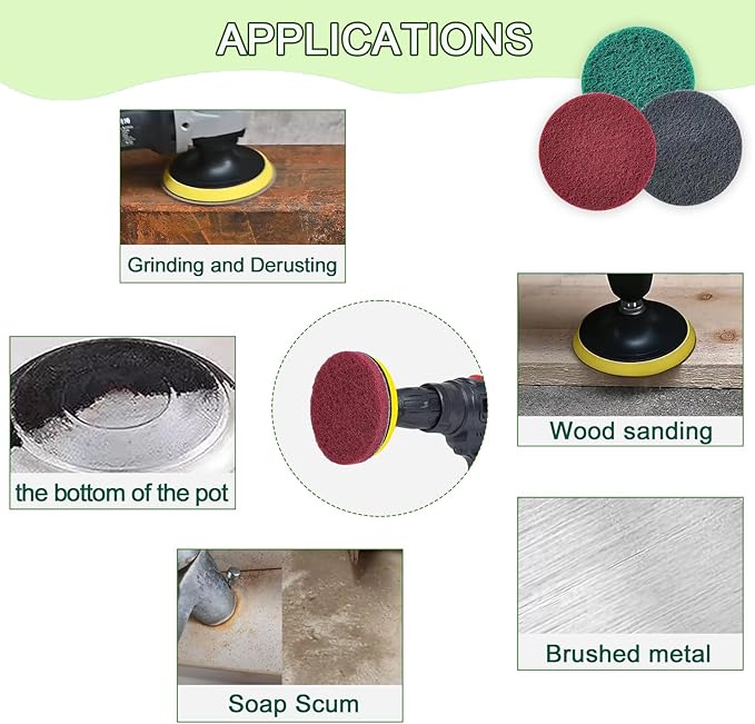 4 Inch Drill Brush Attachments for Cleaning Household Drill Brush Scrubber for Bathroom & Kitchen with Disc Pad Holder and Adapter，9 Scouring Pads（3 Different Stiffness） 11Pcs