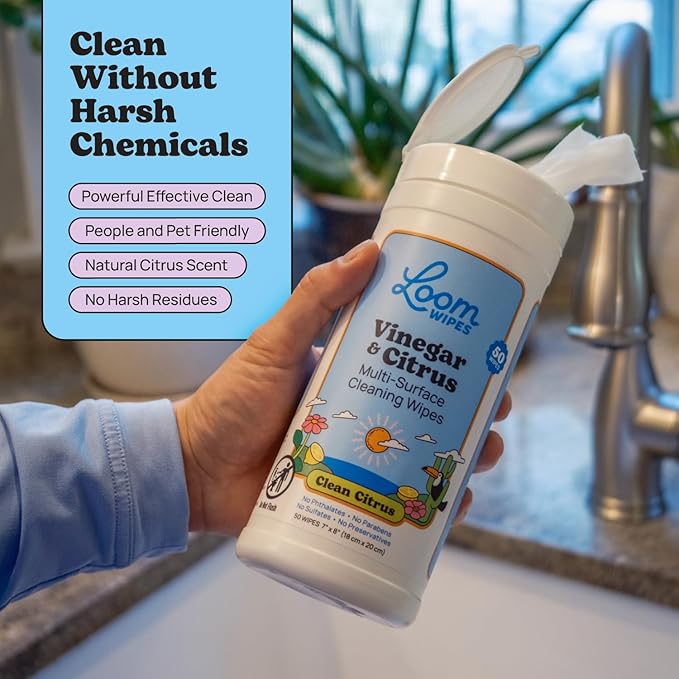 Loom Wipes All Purpose Natural Cleaning Wipes - Vinegar & Citrus Powered Multi Surface Cleaner - 50 Count