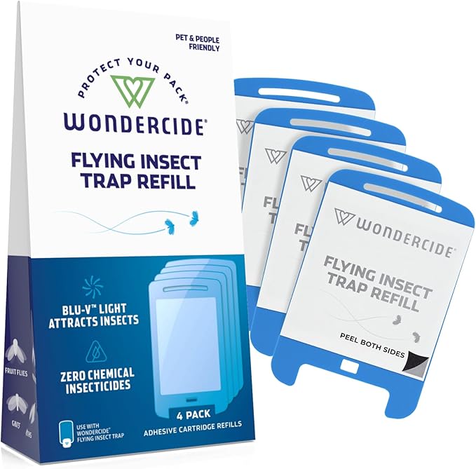 Wondercide - Flying Insect Fly Light Trap Cartridge Refills - No Device - Indoor Bug Catcher for House and Fruit Flies, Gnats, Moths, and Mosquitoes - 4 Pack