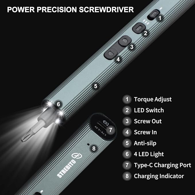 STREBITO Electric Screwdriver 155 in 1 Mini Electric Screwdriver Set, Max 5 N.m, 140 S2 Magnetic Bits, 3 Torque Settings, 650mAh Power Screwdriver Cordless Rechargeable, Repair Tool Kit for PC Phone