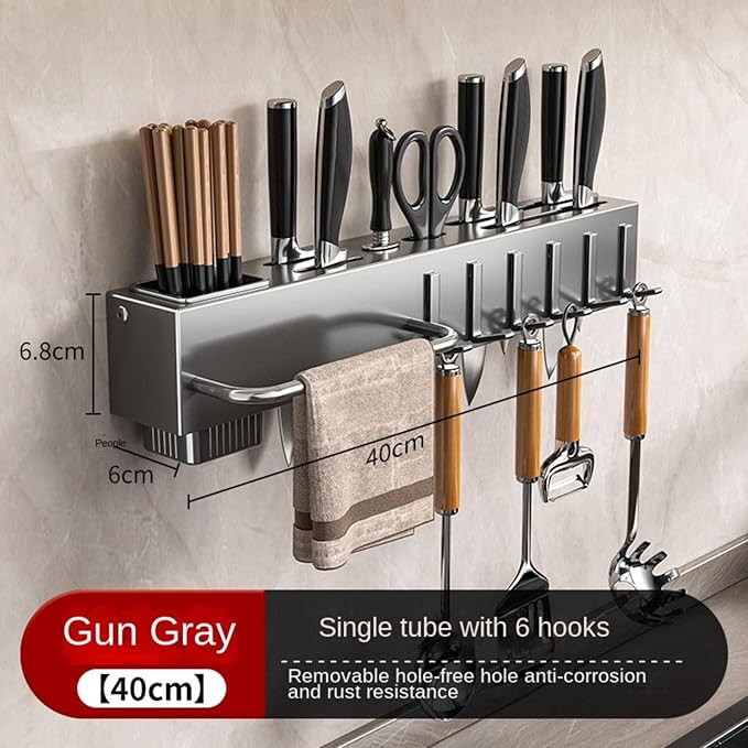 New Multi-Functional Kitchen Rack Home Wall-Mounted Knives Chopstick and Spoon Storage Rack Punch-Free cookware draining Rack, 30, Black