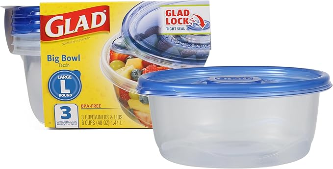 Glad GladWare Big Bowl Food Storage Containers with Lids, Large Round No BPA Plastic Containers for Soups, Salads, and Meal Prep, Lock Tight Seal, Microwave Dishwasher Safe, 48 Oz, 3 Count