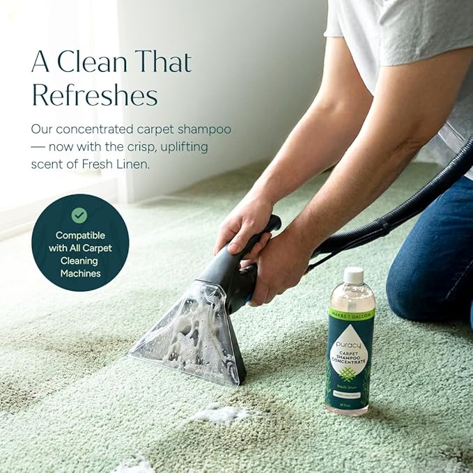 Puracy Carpet Shampoo – Plant Based Cleaner Solution for Shampooer, Pet Stain and Odor Remover, Low Foam Concentrate, Rug and Upholstery Care, Fresh Linen, 25oz