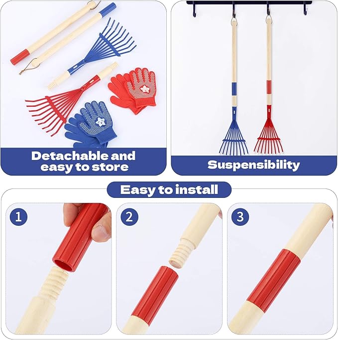 2PCS Garden Tool Rakes with Hardwood Handle and 2 Pairs Gloves, Garden Lawn Rake Leaves Lightweight Cute Rakes with Heads for Fall Garden Tools Gifts