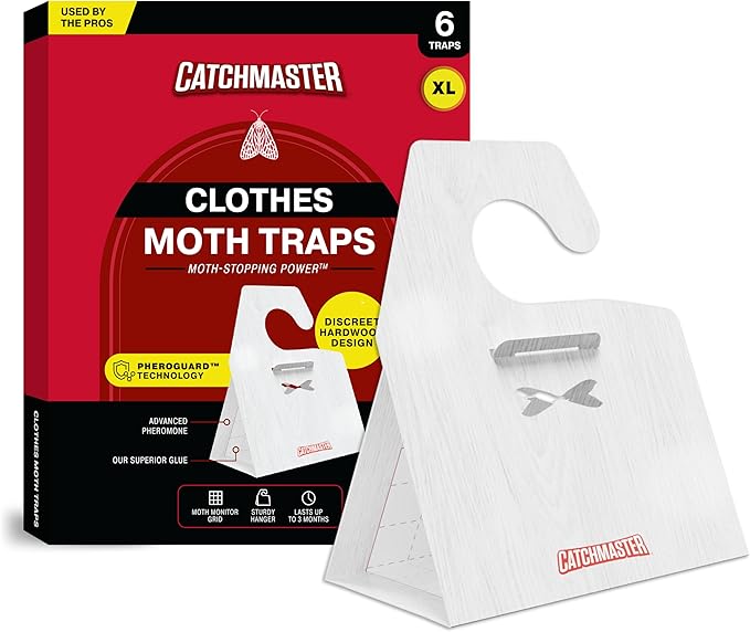 Catchmaster Clothing Moth Traps with Premium Extra Strength Odorless Pheromone Technology – XL Hardwood Design, Extra-Strength Glue – Traps & Targets Casemaking and Webbing Moths - 6-Pack