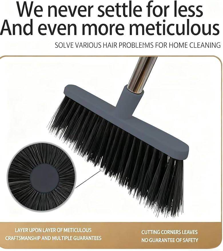 Stand-Up Broom Dustpan Combo - Long Handle with 3 Rows Dense Bristles for Multi-Scene Home/Office/Kitchen/Lobby/Shop, Indoor & Outdoor Cleaning (Black & Gray)