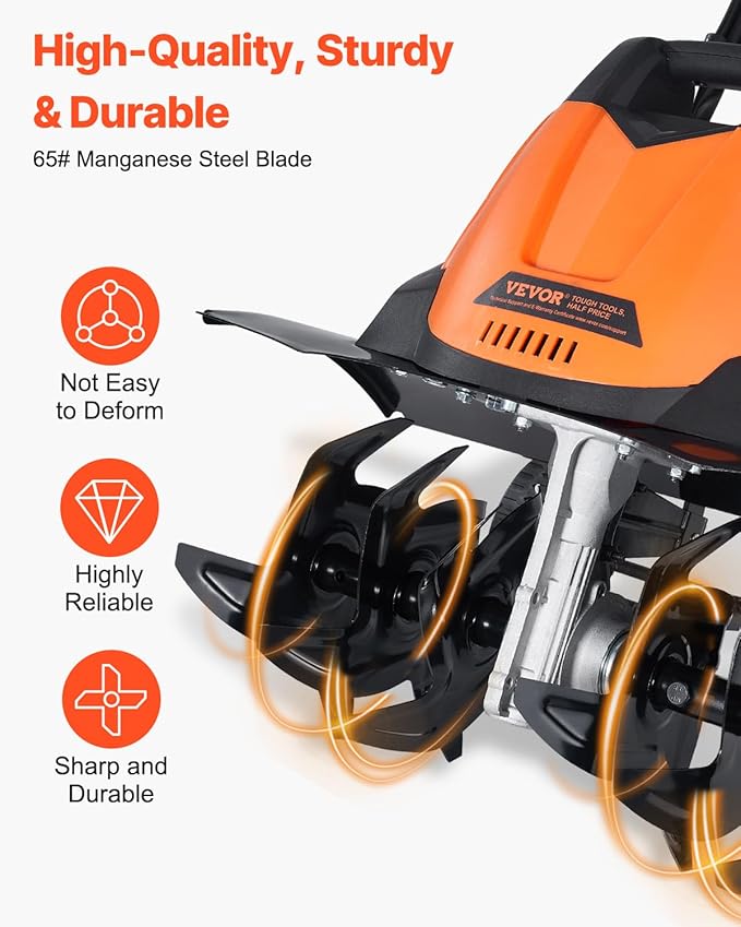 VEVOR 12 Amp Electric Tiller, 18" Tilling Width & 3.94" Tilling Depth, Corded Electric Cultivator with Adjustable Wheels, Steel Mn Tines, Rototiller for Garden Lawn Easy Soil Digging Cultivation