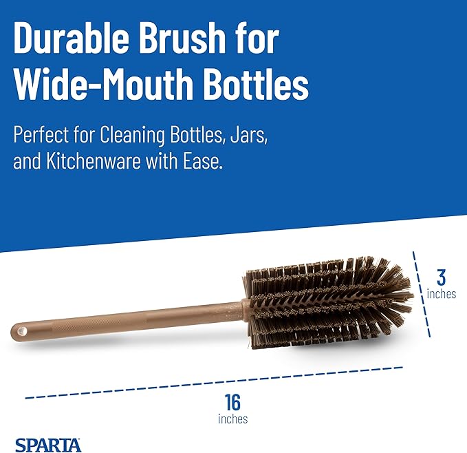 SPARTA Large Water Bottle Brush Ideal for Wide-Mouth Jars, Bottles and Tumblers, Dishwashing Tool with Handle for Home and Commercial Kitchens, Plastic, 16 Inches, Brown, (Pack of 4)