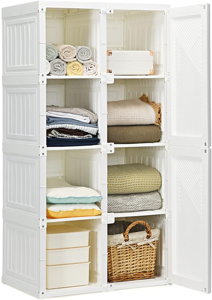 Tangkula Portable Closet Wardrobe, Foldable Clothes Organizer with Cubby Storage, Hanging Rods, Easy Assemble Clothing Storage with Magnet Doors, Folding Bedroom Armoire (8 Cubbies)