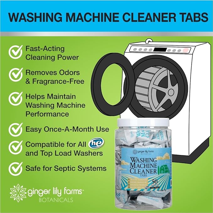 Ginger Lily Farms Botanicals Washing Machine Cleaner Tabs, Deep Cleaning Tablets for HE Front Load & Top Load Washers, Fragrance-Free, 50-Count