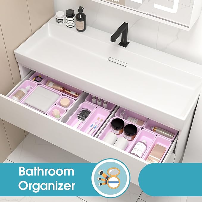 16 PCS Drawer Organizer Set, 4 Size Makeup Drawer Divider Organizer With Non-Slip Pads, Interlocking Plastic Storage Bins for Office,Jewelry Vanity,Gadgets, Bathroom,Kitchen, Purple