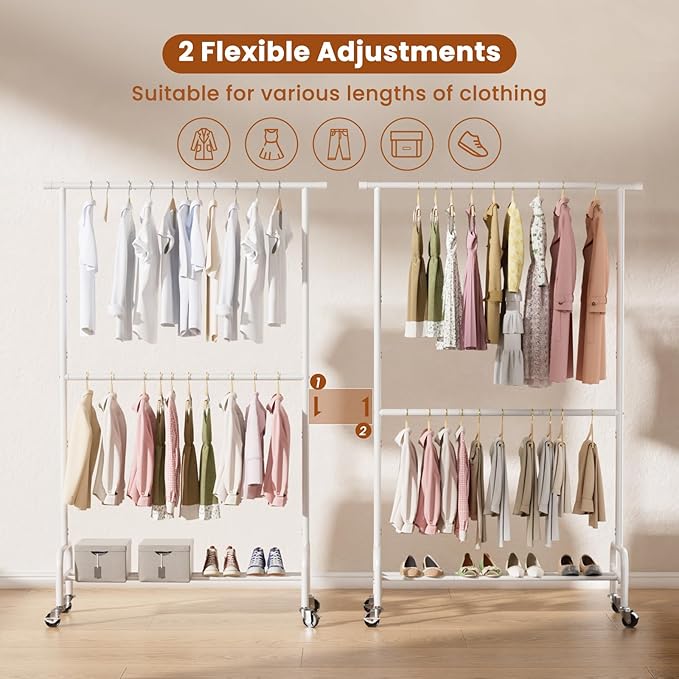 Abiglifty 2 Tier Clothes Rcks for Hanging Clothes, Heavy-Duty Clothing Rack with Wheels,150LBS Capacity, 42" W X15 D X 77" H Garment Rack with Bottom Shelf, for Bedroom, Living Room, White