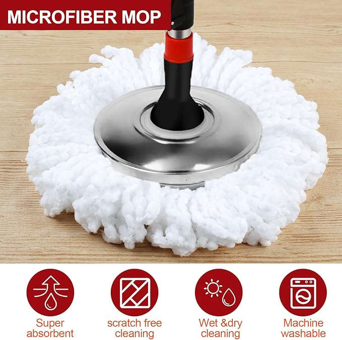 Spin Mop and Bucket with Wringer Set, 3 Washable Microfiber Pads Included for Floor Cleaning, Adjustable Stainless Steel Handle (XS-Black)