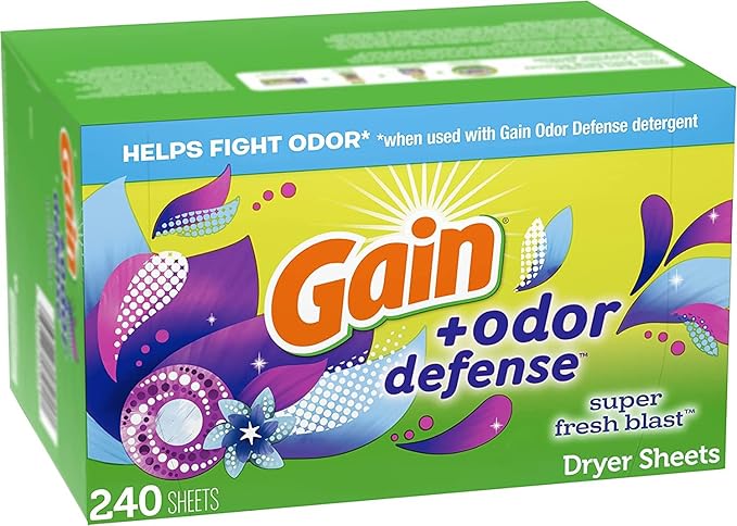 Gain Dryer Sheets Plus Odor Defense, Super Fresh Blast Scent, 240 Count, Helps fight static and odor, laundry sheets