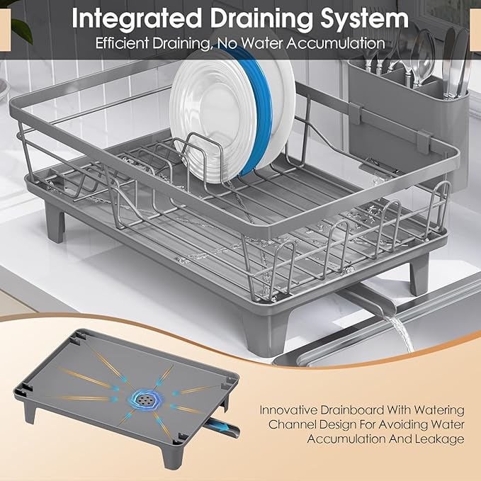 Urackify Dish Drying Rack for Kitchen Counter, Sink Dish Rack with Drainboard, Large Dish Drainer with Cups Holder, Home Countertop Plate Dryer Storage Rack with Cutlery Holder, Gray