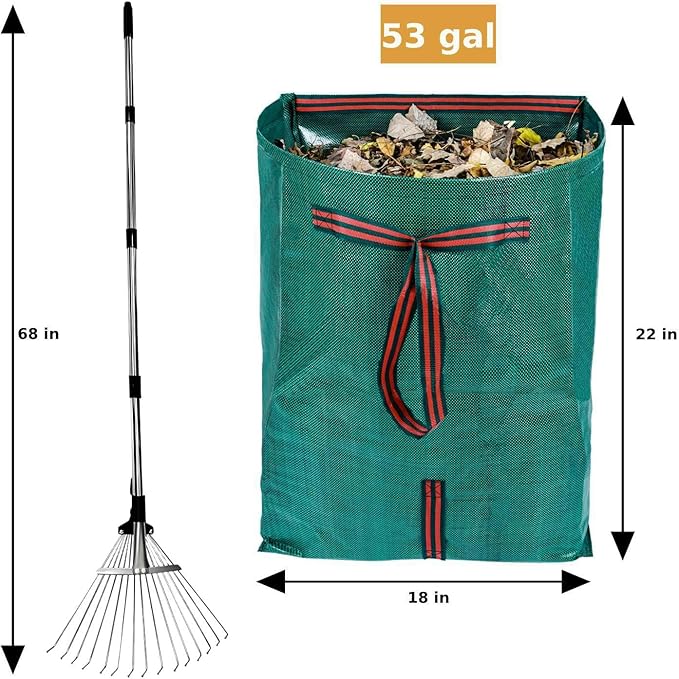 Leaf Rake for Lawns with 53 Gallon Dustpan-Type Leaf Bags,Heavy Duty Metal Garden Yard Rake Long Handle with Expandable Head 7-14" for Gardening Outdoor Camping Shrub Grass Bush Weed