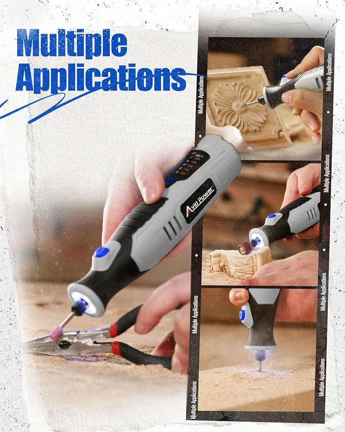 AVID POWER Cordless Rotary Tool 2.0 Ah 8V Rechargeable Rotary Tool, 4 Front LED Lights, 5 Speeds, 60 Pcs Rotary Accessories with Bag for Carving, Engraving, Sandng, Polishing and Cutting - Grey