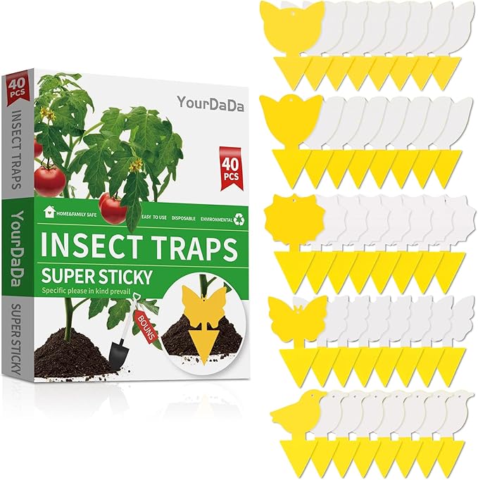 40 Pcs 5 Shapes Yellow Extremely Sticky Traps for Fungus Gnat, Fruit Fly, Fly, Whitefly, Flying Insect Catcher Traps for Houseplants, Kitchen, Indoor/Outdoor, Non-Toxic, Odorless, Pet and Kid Safe